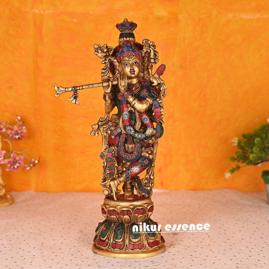 Online buy Krishna Brass Statue | krishna with Stone work | stone work krishna -18 inch Idols Nikuressence