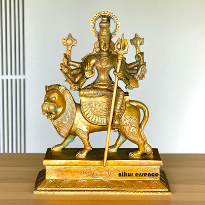 Big Durga Sherawali Maa with ten hand Panchaloha idol - 15 Inches Nikuressence
