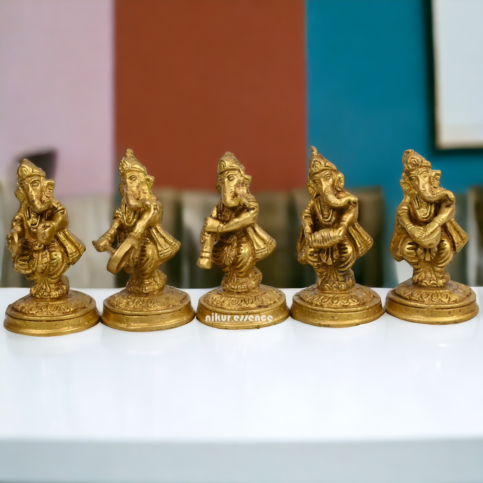 Solid Brass 5 Ganesh musician Idol by Nikur Essence - 4 inches height Idols Nikuressence