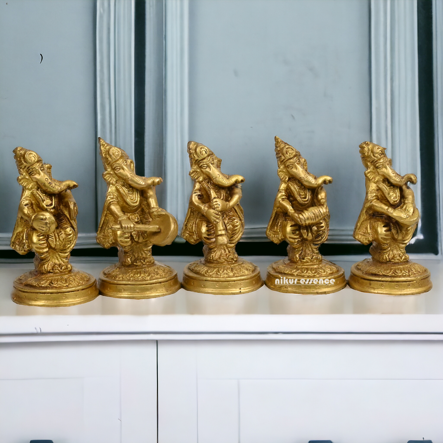 Solid Brass 5 Ganesh musician Idol by Nikur Essence - 4 inches height Idols Nikuressence