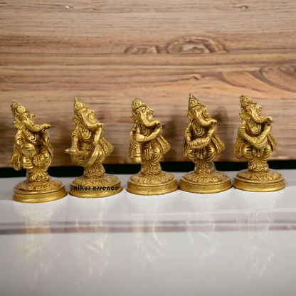 Solid Brass 5 Ganesh musician Idol by Nikur Essence - 4 inches height Idols Nikuressence