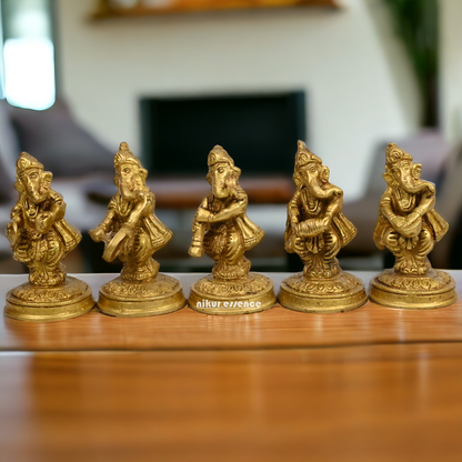 Solid Brass 5 Ganesh musician Idol by Nikur Essence - 4 inches height Idols Nikuressence