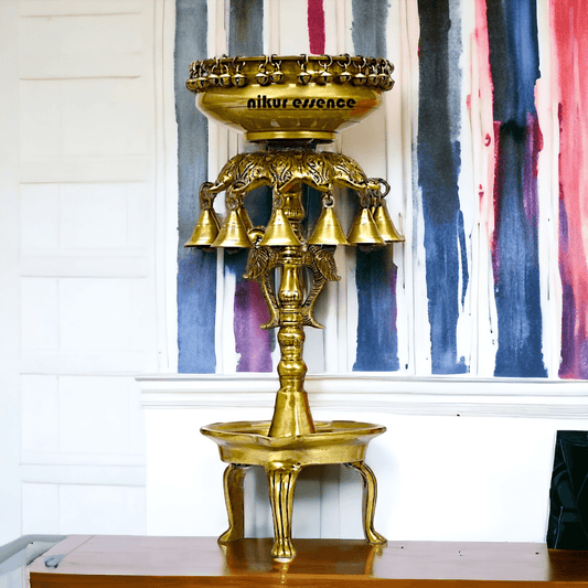 Buy Online Brass Bells Urli with Diya Stand – Elegant 50 cm Traditional Indian Decorative Piece for Home, Office, and Temple Altar