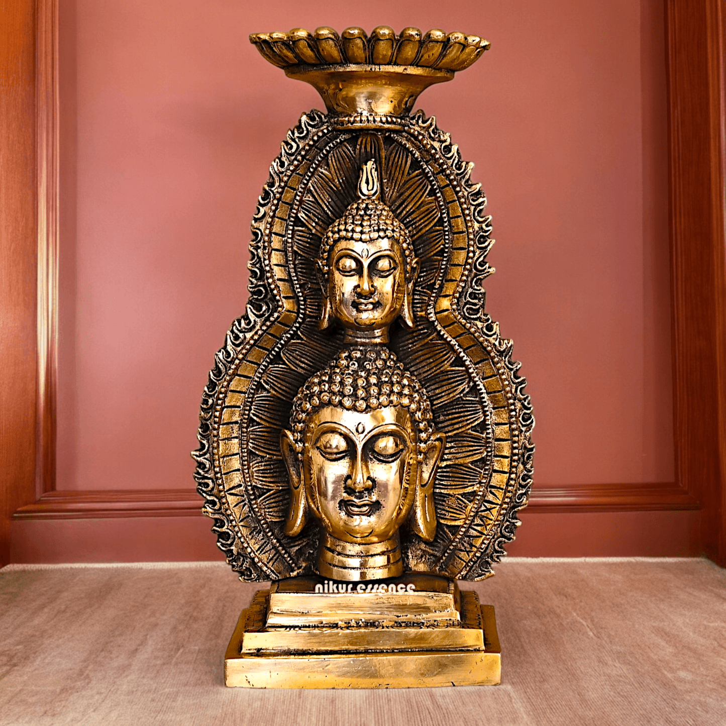 Solid brass 11.8 Inch Buddha Head Candle Holder - Elegant Handcrafted Decorative Piece for Spiritual and Home Decor - Nikur Essence Collection Idols Nikuressence