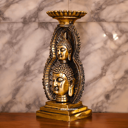 Solid brass 11.8 Inch Buddha Head Candle Holder - Elegant Handcrafted Decorative Piece for Spiritual and Home Decor - Nikur Essence Collection Idols Nikuressence