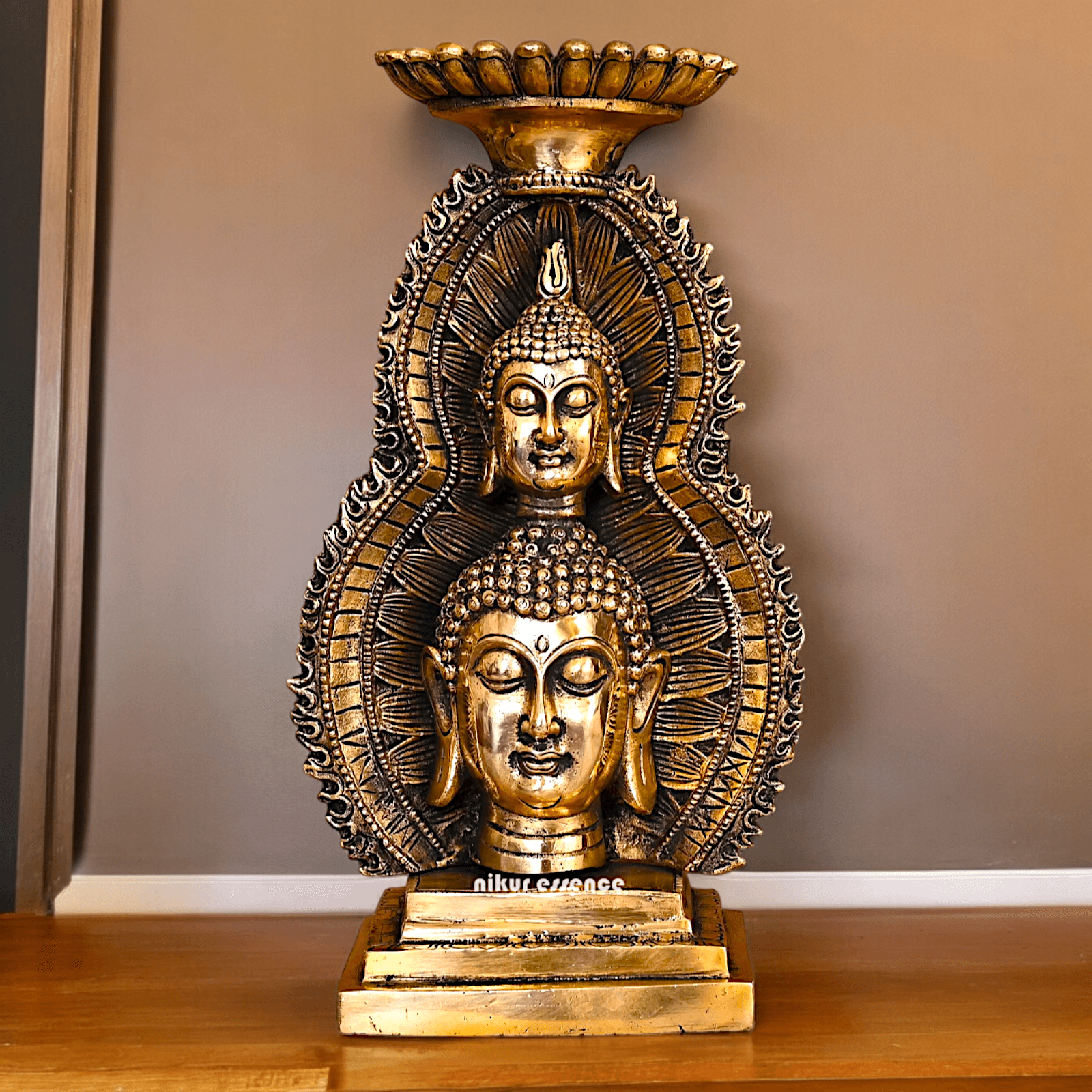 Solid brass 11.8 Inch Buddha Head Candle Holder - Elegant Handcrafted Decorative Piece for Spiritual and Home Decor - Nikur Essence Collection Idols Nikuressence