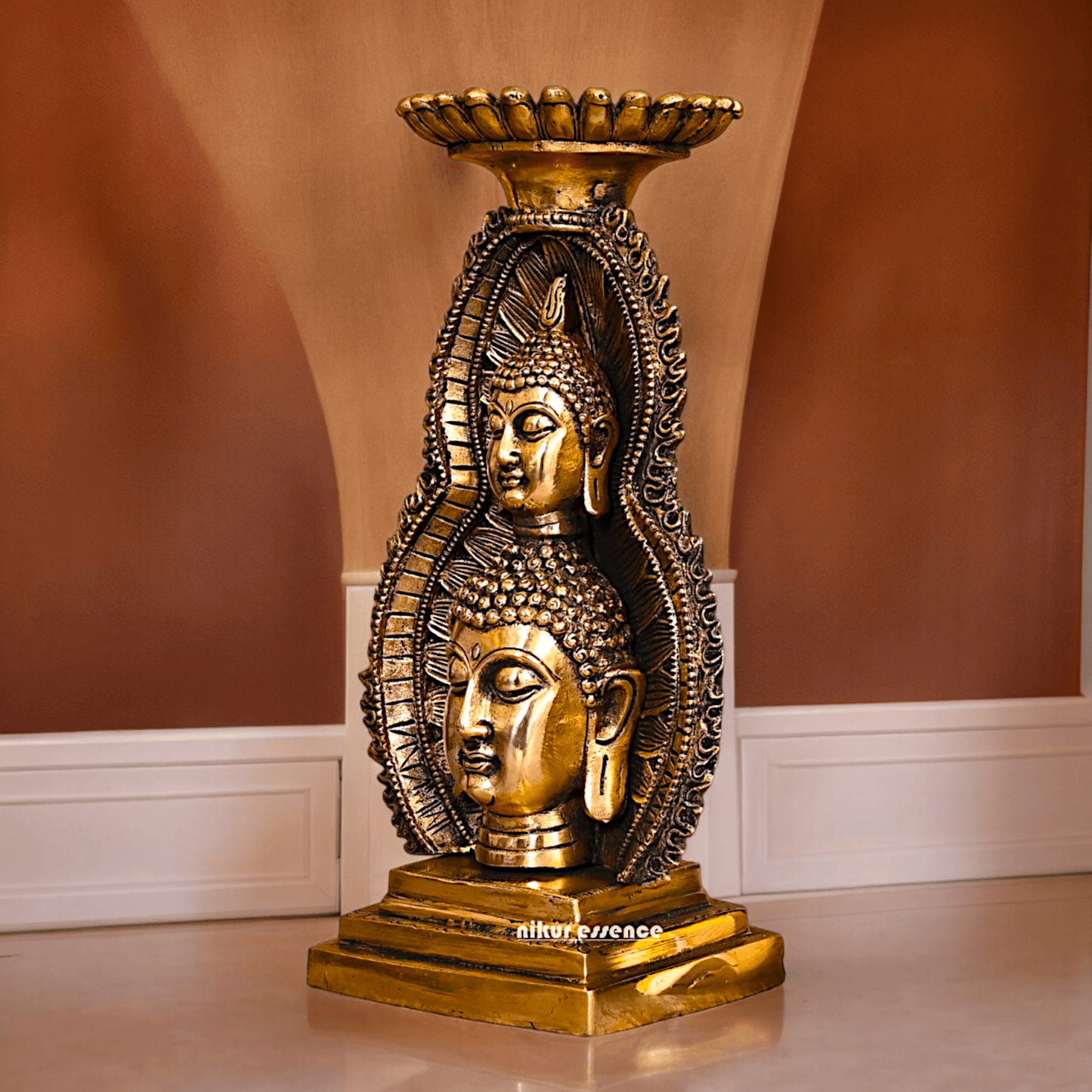 Solid brass 11.8 Inch Buddha Head Candle Holder - Elegant Handcrafted Decorative Piece for Spiritual and Home Decor - Nikur Essence Collection Idols Nikuressence