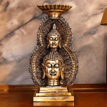 Solid brass 11.8 Inch Buddha Head Candle Holder - Elegant Handcrafted Decorative Piece for Spiritual and Home Decor - Nikur Essence Collection Idols Nikuressence