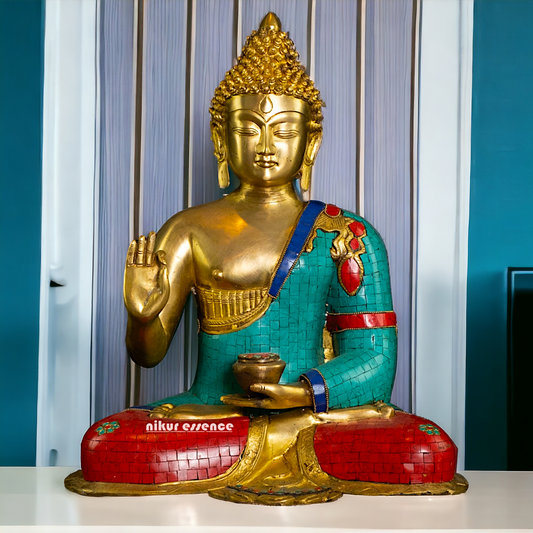 Buy Online Brass Buddha Statue in Vitarka Mudra with Intricate Robe Inlay Work – Ideal for Meditation, Home Décor