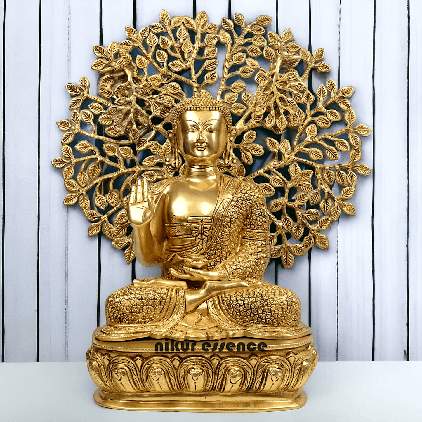 Brass Buddha Statue with Intricately Detailed Tree - nikuressence