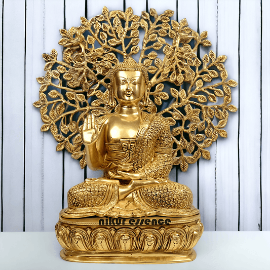 Brass Buddha Statue with Intricately Detailed Tree - nikuressence Idols Nikuressence