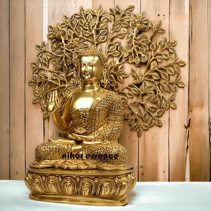 Brass Buddha Statue with Intricately Detailed Tree - nikuressence