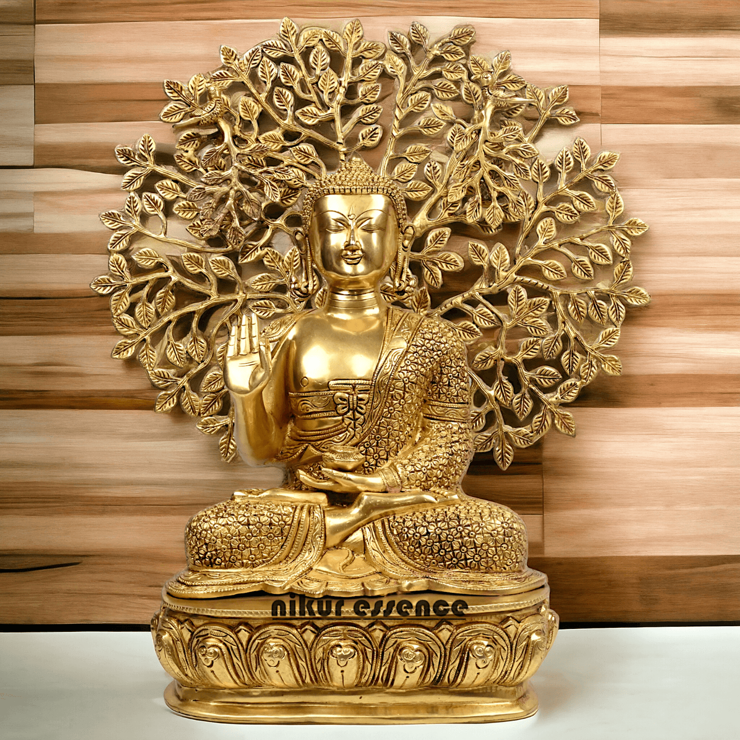 Brass Buddha Statue with Intricately Detailed Tree - nikuressence