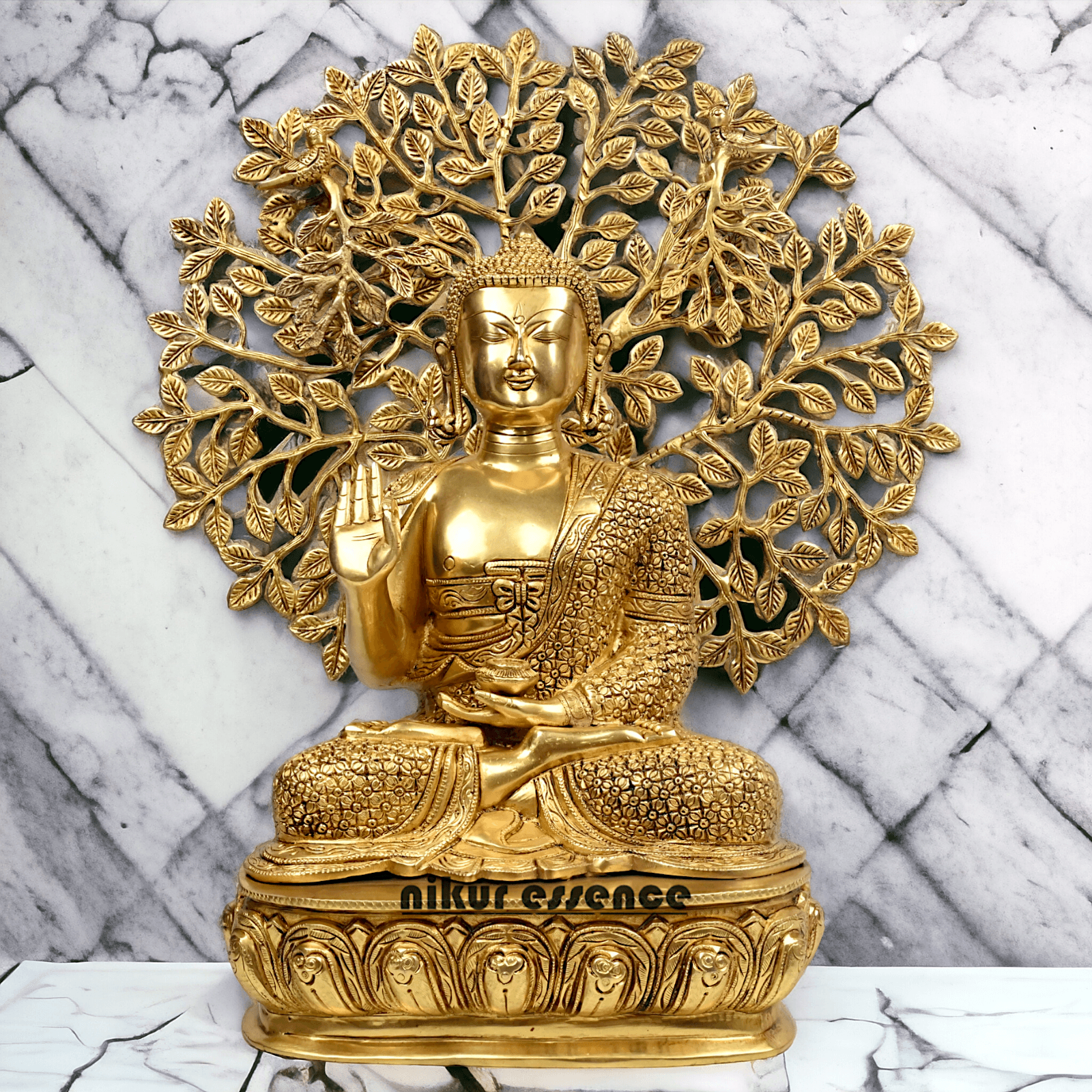 Brass Buddha Statue with Intricately Detailed Tree - nikuressence