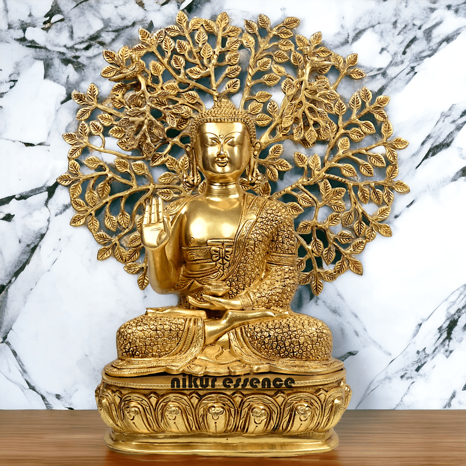 Brass Buddha Statue with Intricately Detailed Tree - nikuressence