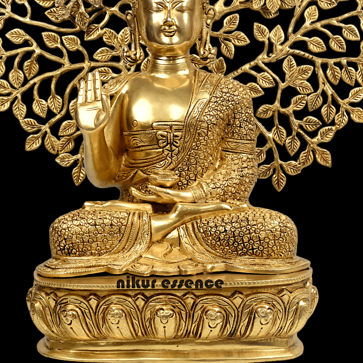 Brass Buddha Statue with Intricately Detailed Tree - nikuressence