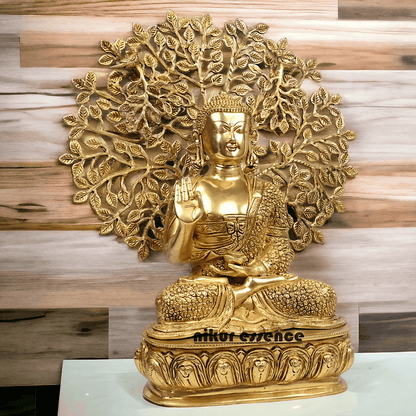 Brass Buddha Statue with Intricately Detailed Tree - nikuressence