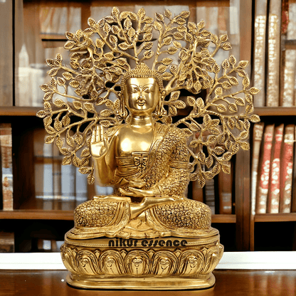 Brass Buddha Statue with Intricately Detailed Tree - nikuressence