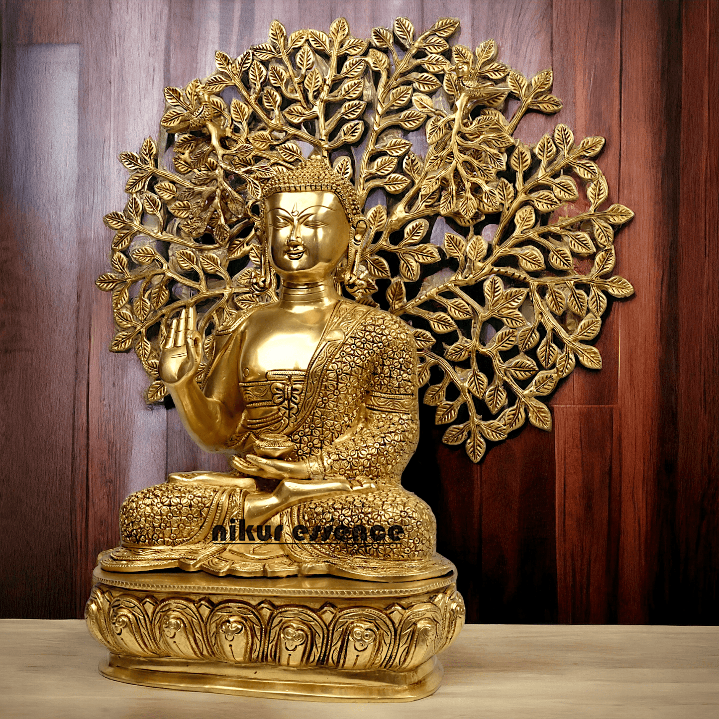 Brass Buddha Statue with Intricately Detailed Tree - nikuressence