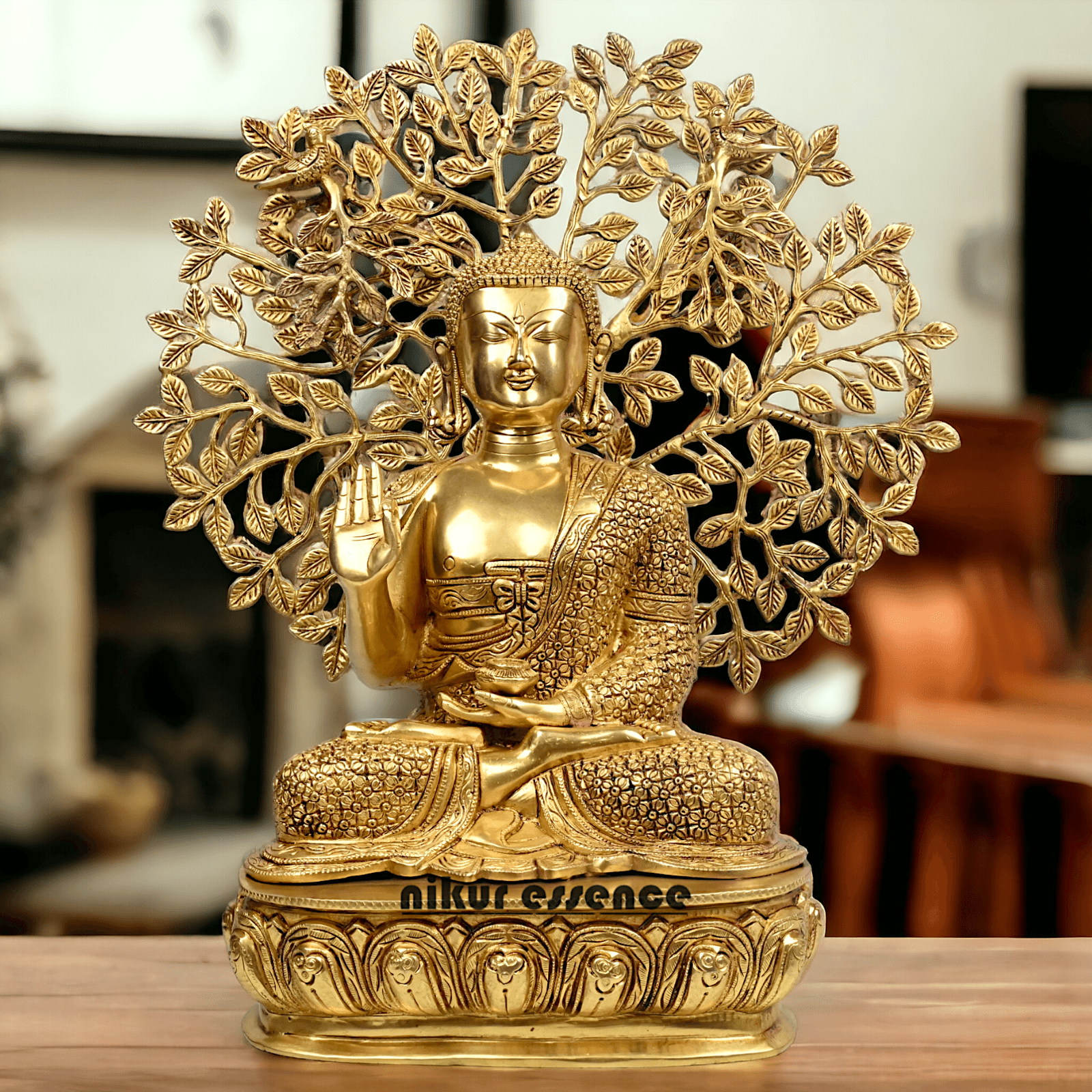 Brass Buddha Statue with Intricately Detailed Tree - nikuressence