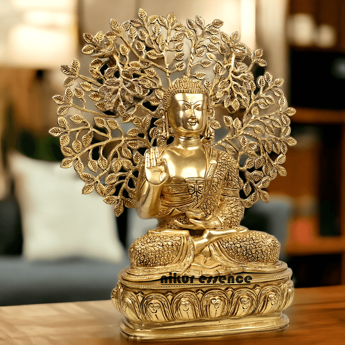 Brass Buddha Statue with Intricately Detailed Tree - nikuressence