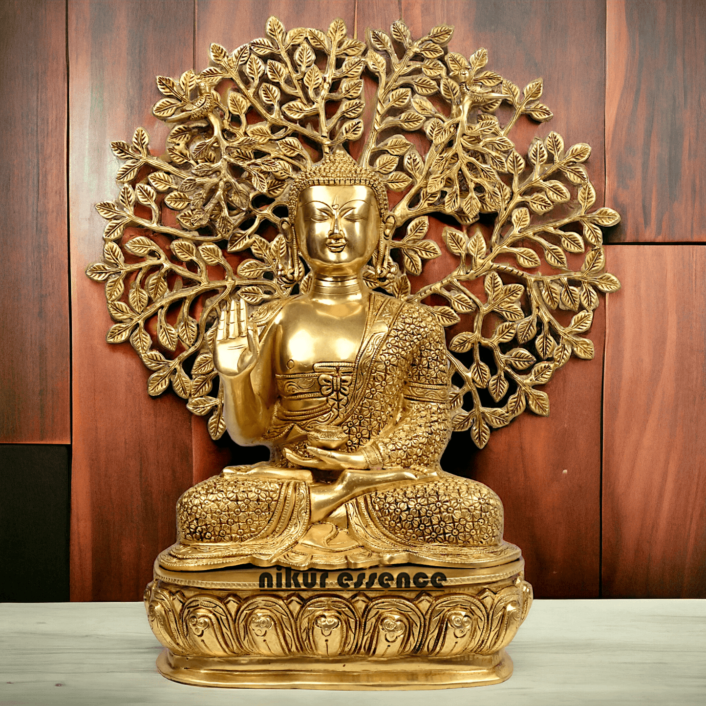 Brass Buddha Statue with Intricately Detailed Tree - nikuressence