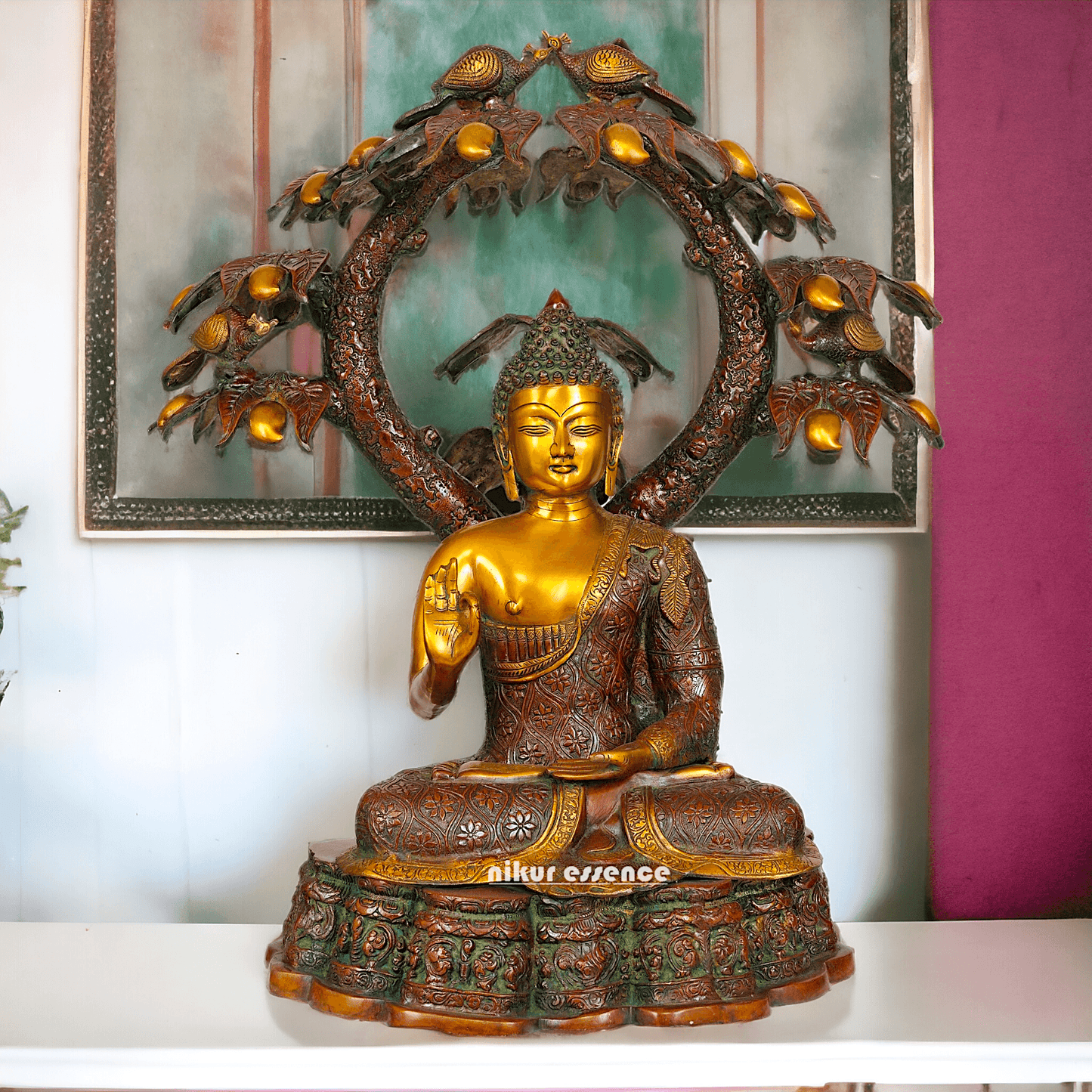 Large Size Buddha Statue in Abhaya and Vitark Mudra, Crafted in Premium Brass - 72.5 cm Tall Idols Nikuressence