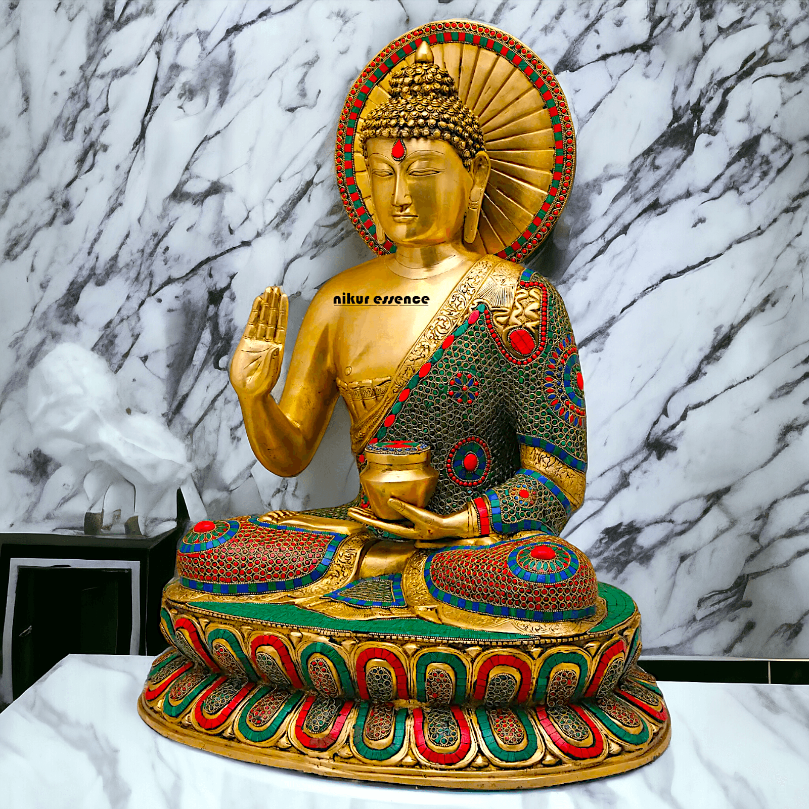 Buy Brass Buddha Statue Preaching His Dharma with Intricate Inlay Work – Detailed Handcrafted Religious Art Idols Nikuressence