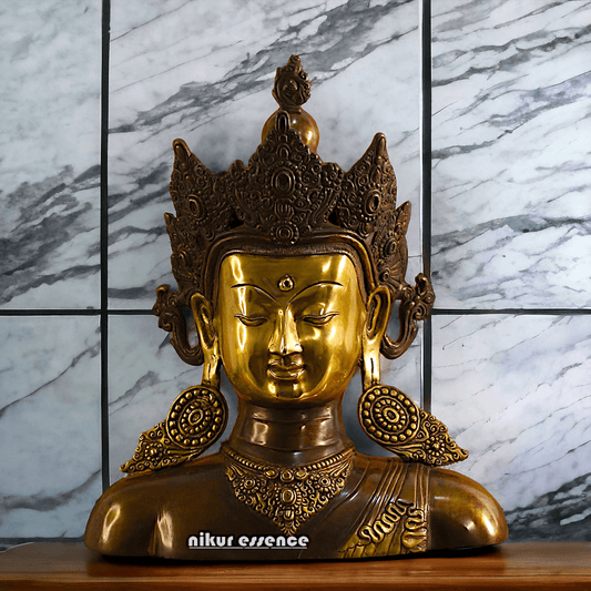 Brass Crown Buddha Bust - Intricate Handcrafted Sculpture with Regal Detailing for Meditation, Home Décor, and Spiritual Enrichment Idols Nikuressence