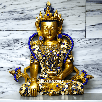 Buy Tibetan Buddhist Crowned Buddha Brass Statue with Inlay Work – Exquisite 25.5 cm Idols Nikuressence