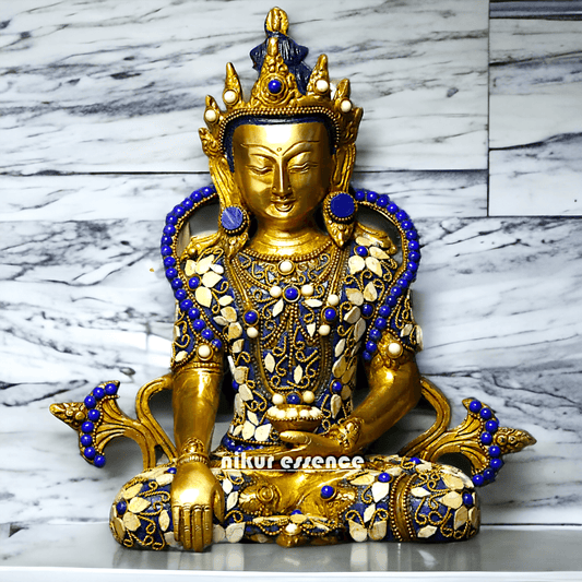 Buy Tibetan Buddhist Crowned Buddha Brass Statue with Inlay Work – Exquisite 25.5 cm Idols Nikuressence