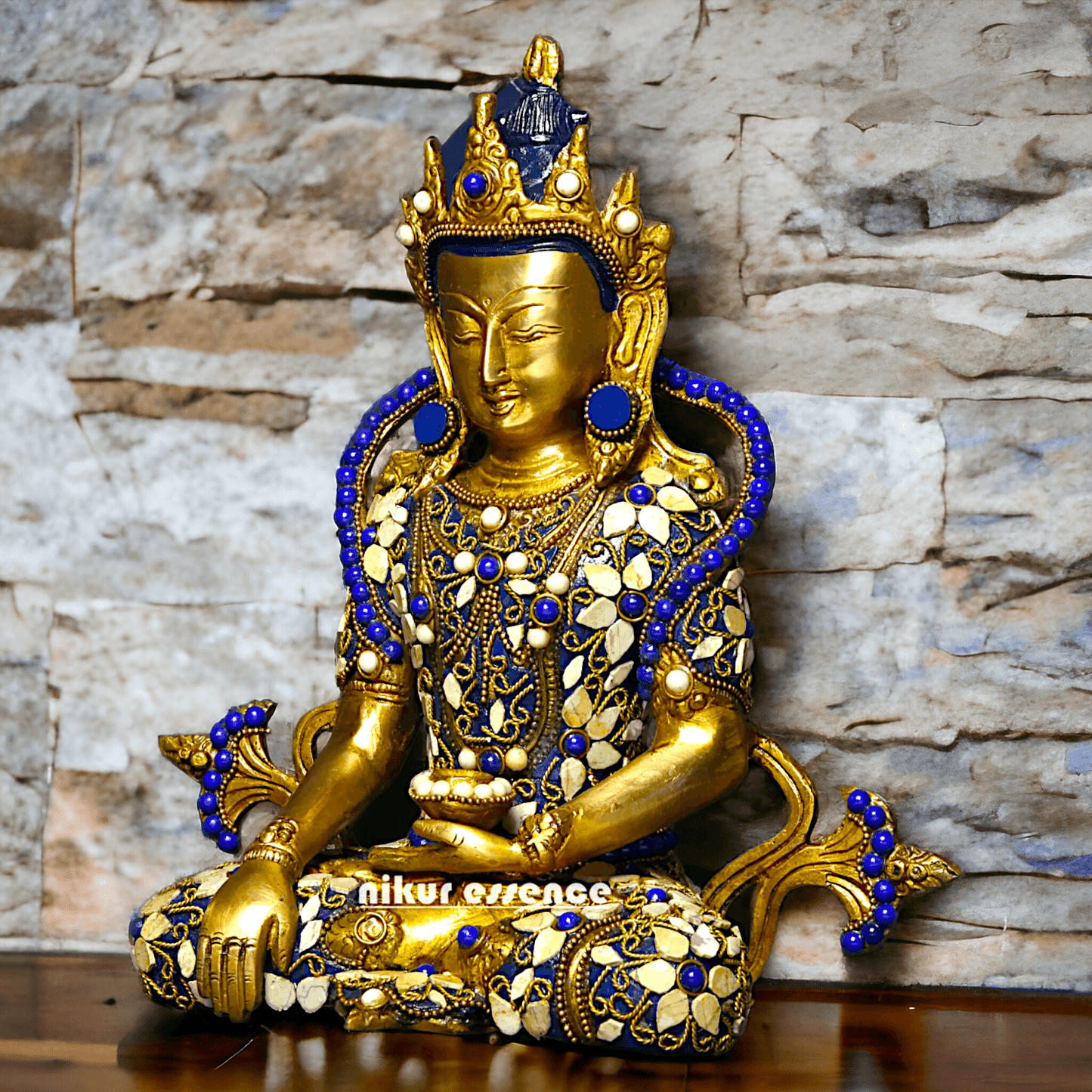 Buy Tibetan Buddhist Crowned Buddha Brass Statue with Inlay Work – Exquisite 25.5 cm Idols Nikuressence