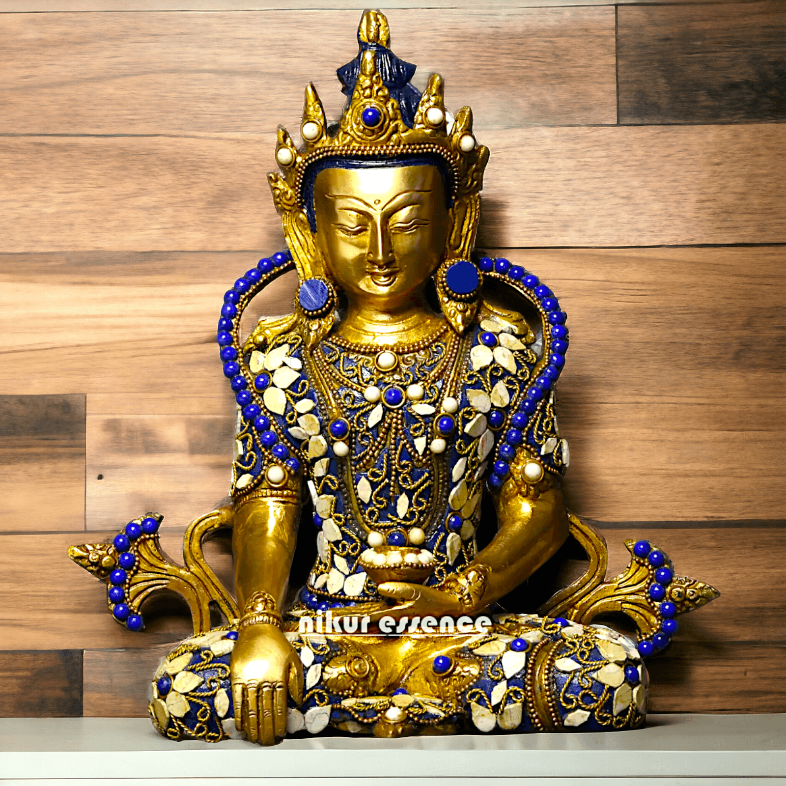 Buy Tibetan Buddhist Crowned Buddha Brass Statue with Inlay Work – Exquisite 25.5 cm Idols Nikuressence