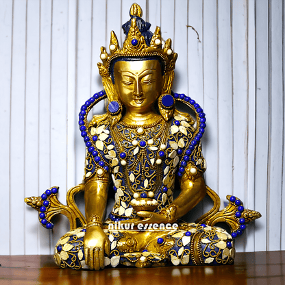 Buy Tibetan Buddhist Crowned Buddha Brass Statue with Inlay Work – Exquisite 25.5 cm Idols Nikuressence