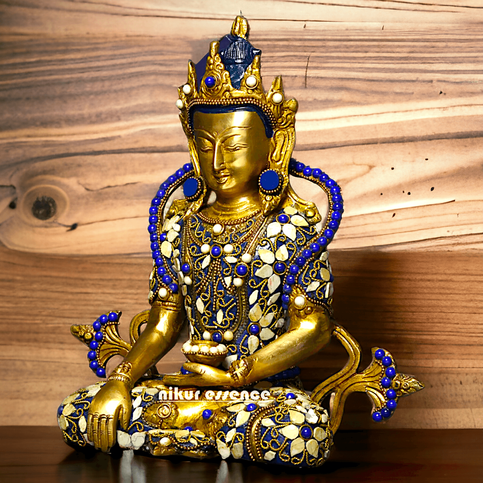 Buy Tibetan Buddhist Crowned Buddha Brass Statue with Inlay Work – Exquisite 25.5 cm Idols Nikuressence