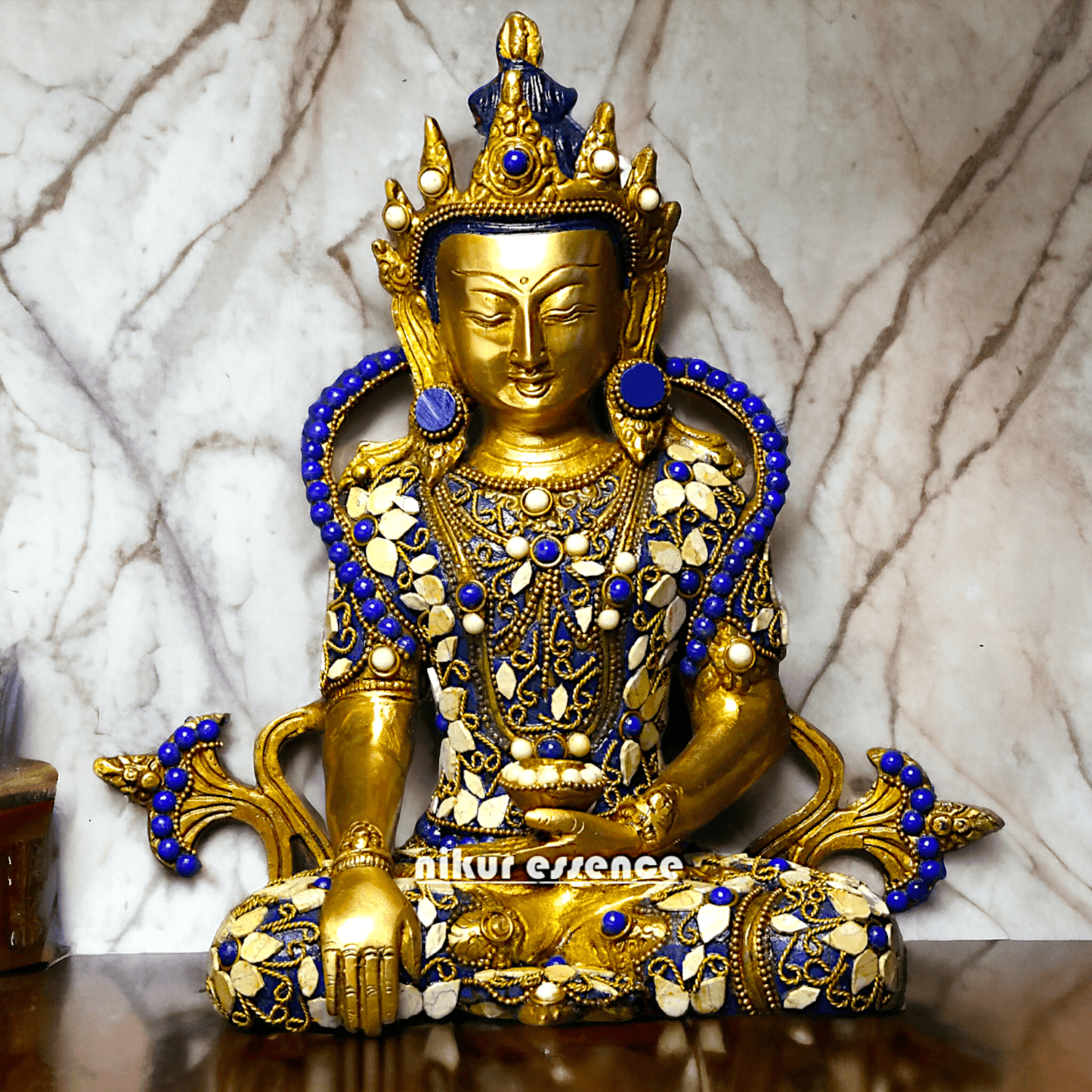 Buy Tibetan Buddhist Crowned Buddha Brass Statue with Inlay Work – Exquisite 25.5 cm Idols Nikuressence