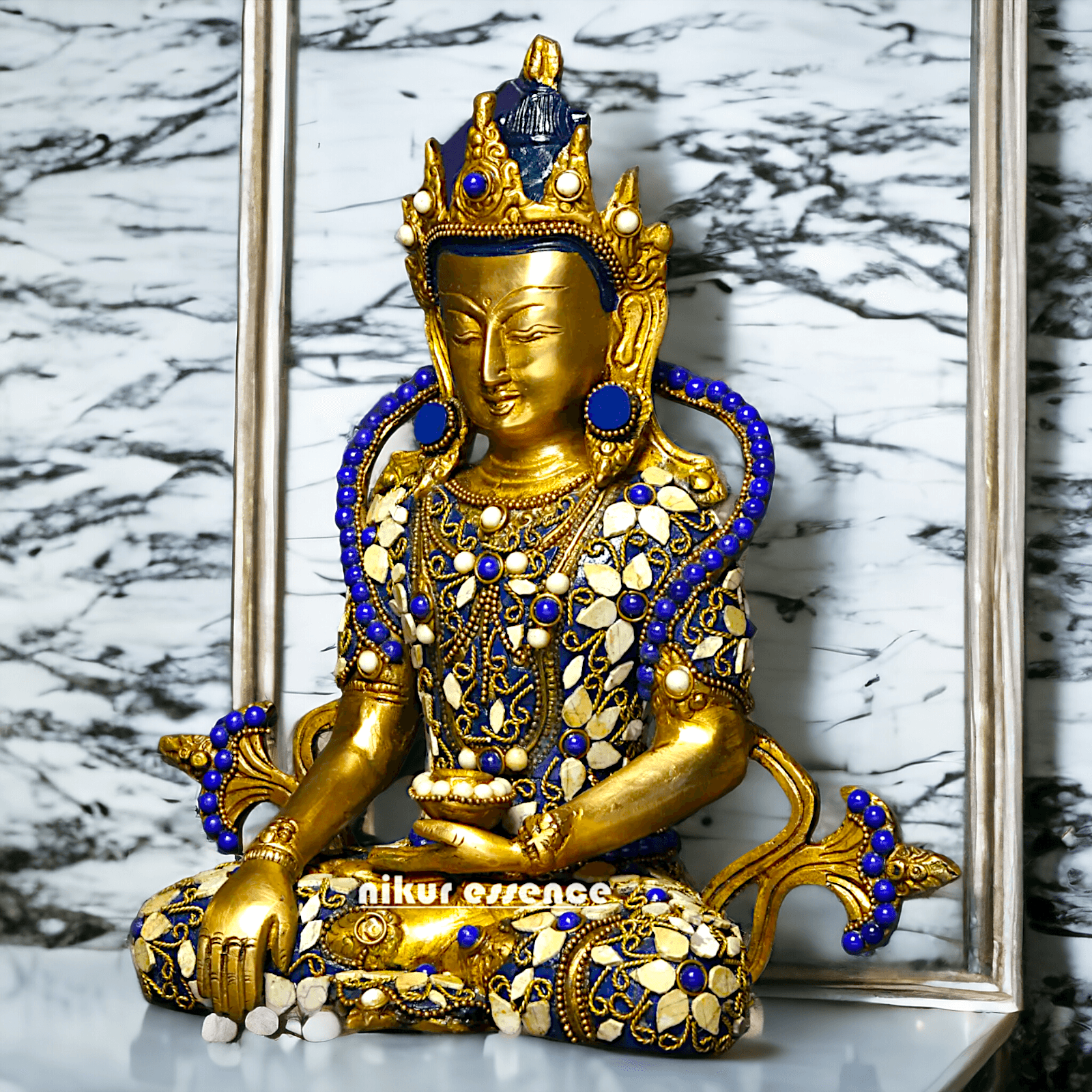 Buy Tibetan Buddhist Crowned Buddha Brass Statue with Inlay Work – Exquisite 25.5 cm Idols Nikuressence