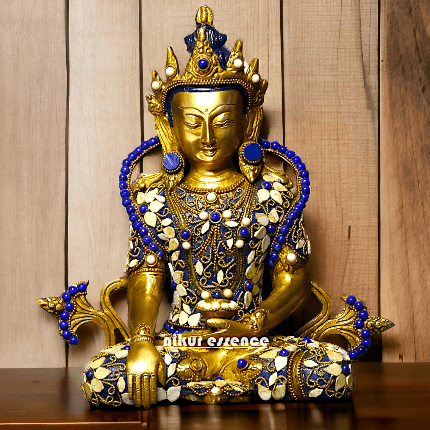 Buy Tibetan Buddhist Crowned Buddha Brass Statue with Inlay Work – Exquisite 25.5 cm Idols Nikuressence