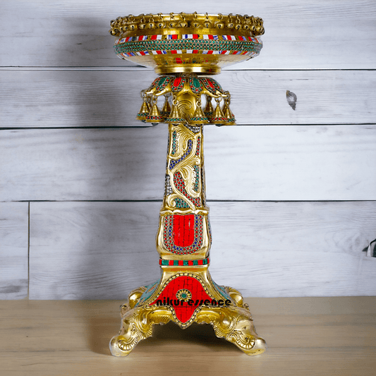 Designer Urli in brass with Stand - Exquisite Brass and Glass Decorative Water Bowl for Home Décor, Garden, and Event Displays Idols Nikuressence