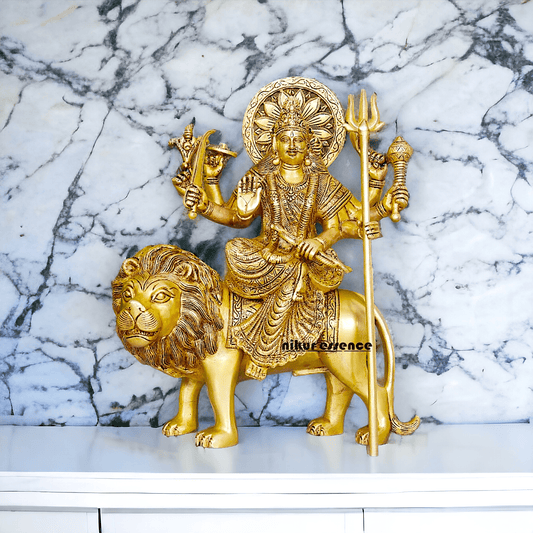 Large Durga Brass Statue on Lion - 13 Inch Majestic Durga Idol by Nikur Essence , Handcrafted Spiritual Home Decor for Devotees