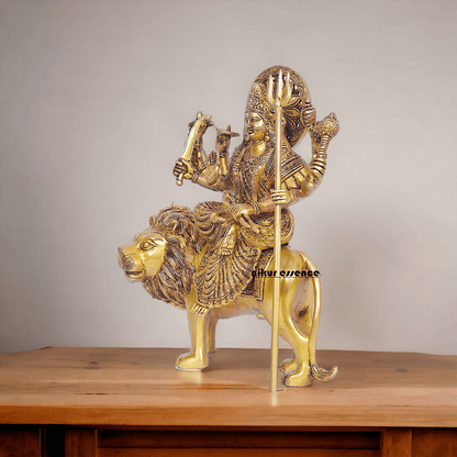 Large Durga Brass Statue on Lion - 13 Inch Majestic Durga Idol by Nikur Essence , Handcrafted Spiritual Home Decor for Devotees