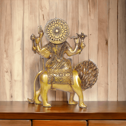 Large Durga Brass Statue on Lion - 13 Inch Majestic Durga Idol by Nikur Essence , Handcrafted Spiritual Home Decor for Devotees