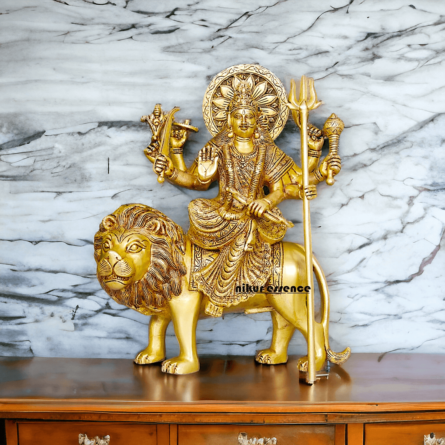 Large Durga Brass Statue on Lion - 13 Inch Majestic Durga Idol by Nikur Essence , Handcrafted Spiritual Home Decor for Devotees