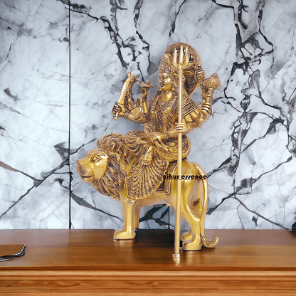 Large Durga Brass Statue on Lion - 13 Inch Majestic Durga Idol by Nikur Essence , Handcrafted Spiritual Home Decor for Devotees