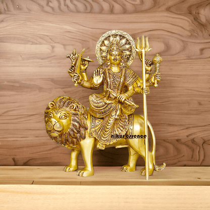 Large Durga Brass Statue on Lion - 13 Inch Majestic Durga Idol by Nikur Essence , Handcrafted Spiritual Home Decor for Devotees