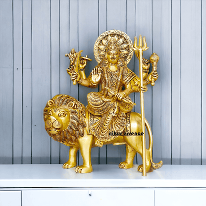 Large Durga Brass Statue on Lion - 13 Inch Majestic Durga Idol by Nikur Essence , Handcrafted Spiritual Home Decor for Devotees