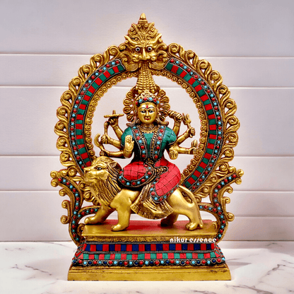 Large Brass Durga maa sitting on lion with stone work by Nikur Essence - 14.5 Inch Height