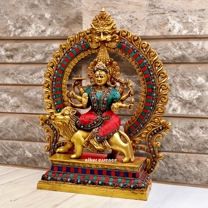 Large Brass Durga maa sitting on lion with stone work by Nikur Essence - 14.5 Inch Height