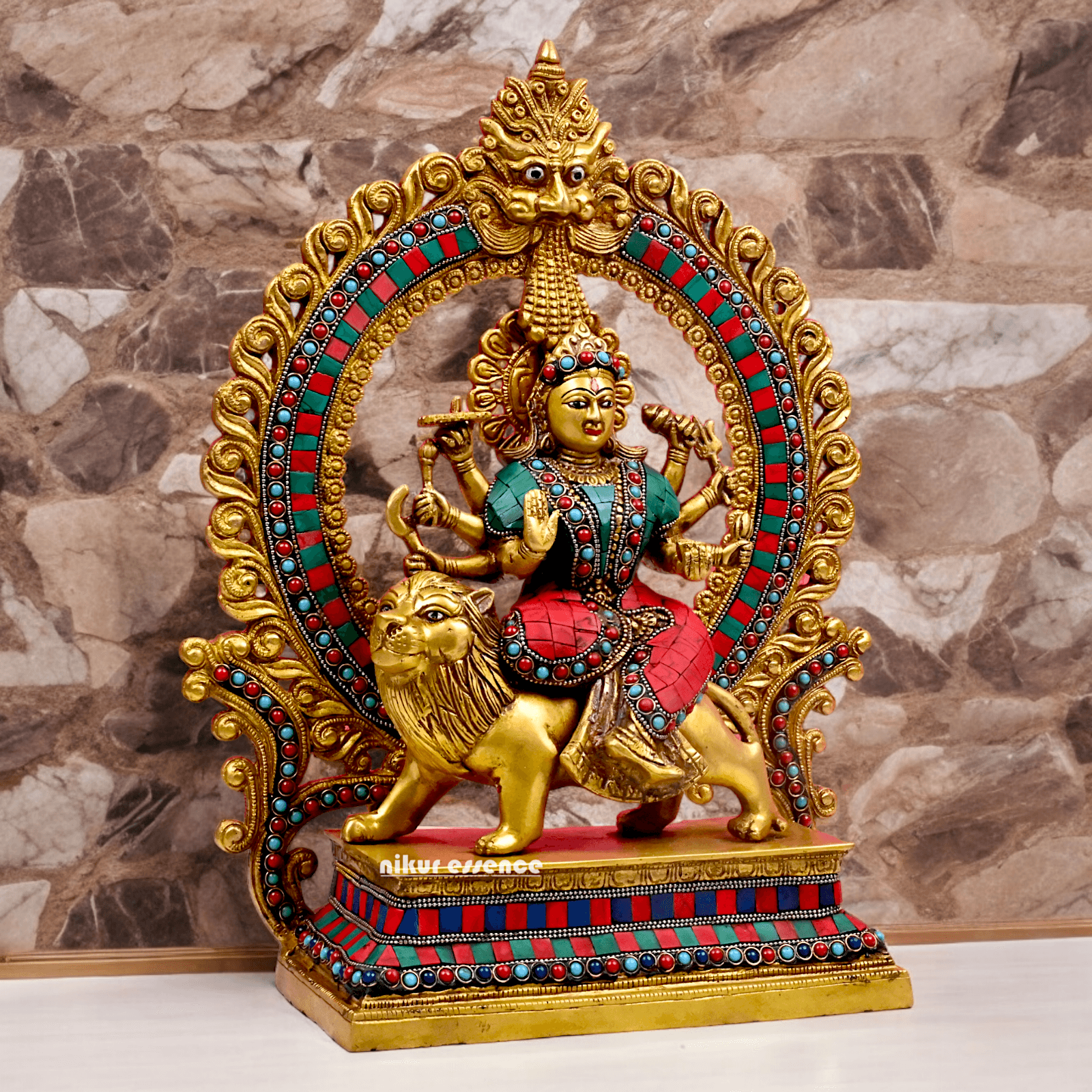 Large Brass Durga maa sitting on lion with stone work by Nikur Essence - 14.5 Inch Height