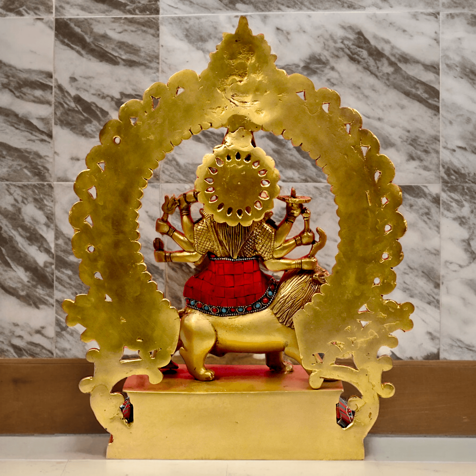 Large Brass Durga maa sitting on lion with stone work by Nikur Essence - 14.5 Inch Height